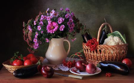 Still life with a bouquet and vegetables
