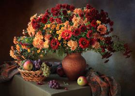 Still life with a bouquet of chrysanthemums and fruit