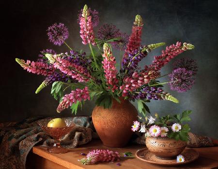 Still life with a bouquet of lupine
