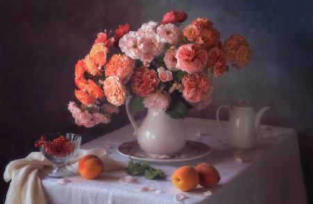 Still life with a bouquet of roses and fruits