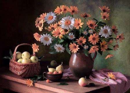 Still life with daisies and apples
