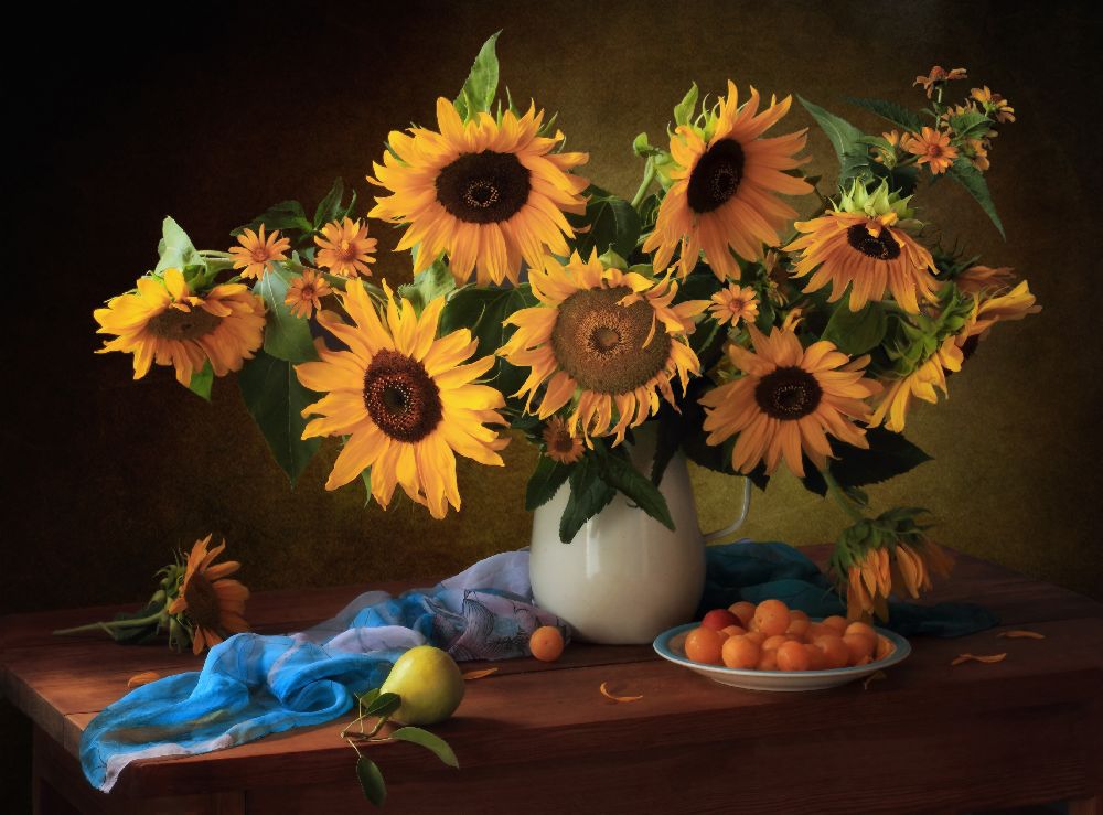 Still life with sunflowers and yellow plums from Tatyana Skorokhod (Татьяна