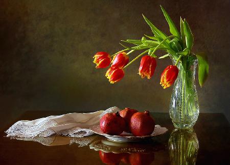 Still life with tulips and pomegranates