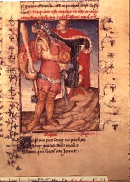 Fr 606 f.11 Ulysses piercing the eye of the Cyclops, from the L'Epitre d'Othea from the Epitre Master