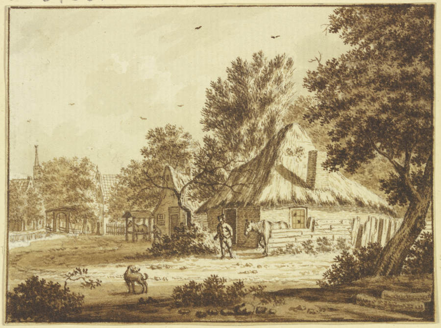 Bauerndorf, ein Mann führt ein Pferd aus seinem Hof, vorne ein Hund from Theodor de Bruyn