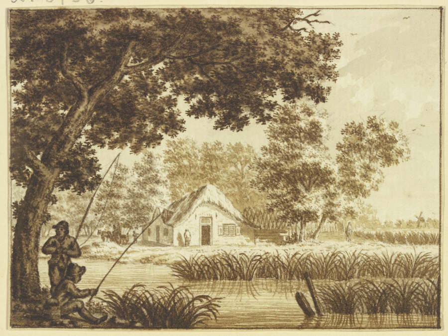 Landschaft, vorn ein Wasser, links zwei Angler from Theodor de Bruyn