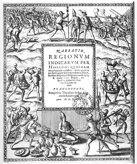 Bartholome de Las Casas (1474-1566) condemning the cruel treatment of the Indians the Conquistadors, from Theodore de Bry