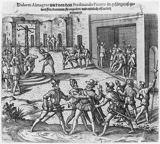 Capture, trial and execution of Diego de Almagro by order of Francisco Pizarro from Theodore de Bry