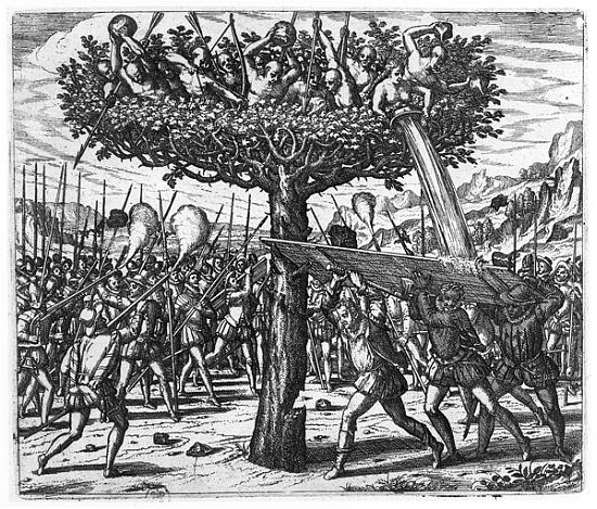 Indians in a Tree Hurling Projectiles at the Spanish from Theodore de Bry