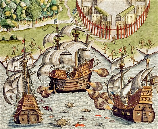 Naval Battle between the Portuguese and French in the Seas off the Potiguaran Territories, from ''Am from Theodore de Bry