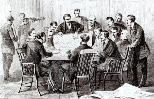 Cubans and Cuban emigres meeting in New York to plan an insurrection in Cuba (engraving) (b/w photo) from Theodore Russell Davis