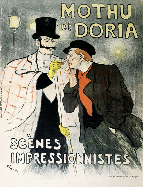 Reproduction of a poster advertising 'Mothu and Doria'in impressionist scenes from Théophile-Alexandre Steinlen
