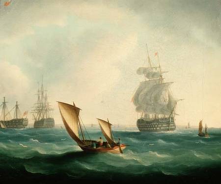 British Men-o'-war and a Hulk in a Swell, a Sailing Boat in the Foreground from Thomas Buttersworth