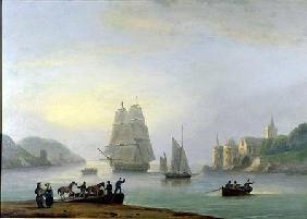 A Brig Entering Dartmouth Harbour, with a Ferry in the Foreground