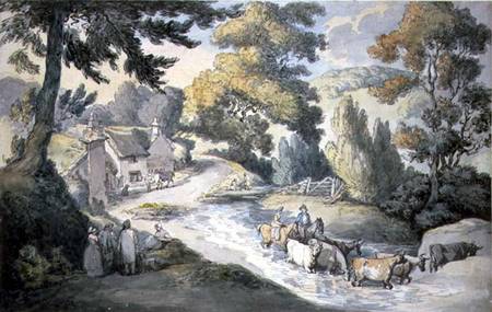 Landscape with Cattle Fording a Stream (w/c, pen & from Thomas Rowlandson