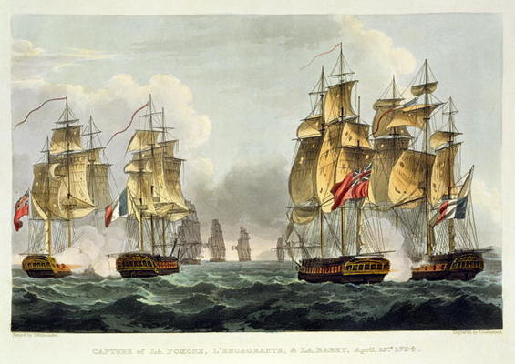 Capture of La Pomone, L'Engageante and La Babet, April 23rd 1794, engraved by Thomas Sutherland for from Thomas Whitcombe