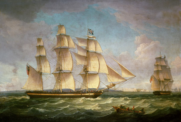 Merchantmen in a stiff breeze off the cliffs of Dover from Thomas Whitcombe
