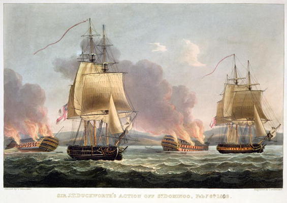 Sir J. T. Duckworth's Action off St. Domingo, February 6th 1806, engraved by Thomas Sutherland for J from Thomas Whitcombe