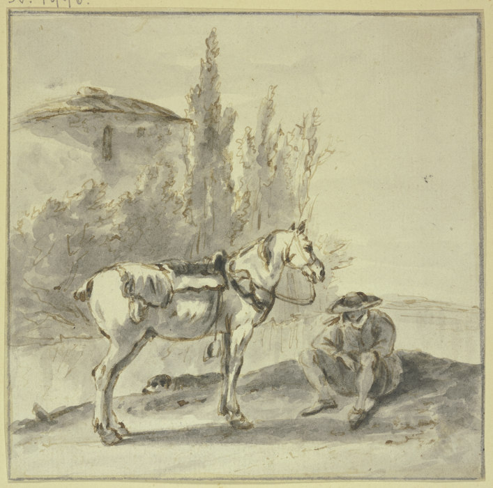 Ein Bauer sitzt bei seinem Pferde from Thomas Wijck