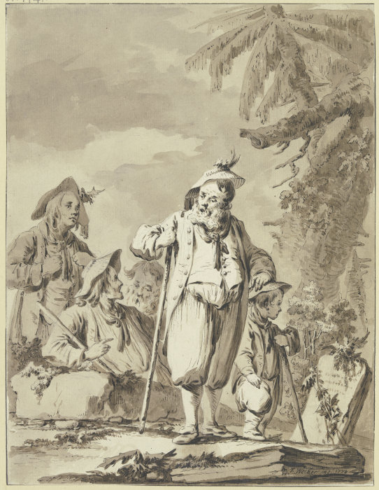 Ein alter Bauer mit drei Begleitern und einem Knaben bei einem Gedenkstein from Tiberius Dominikus Wocher