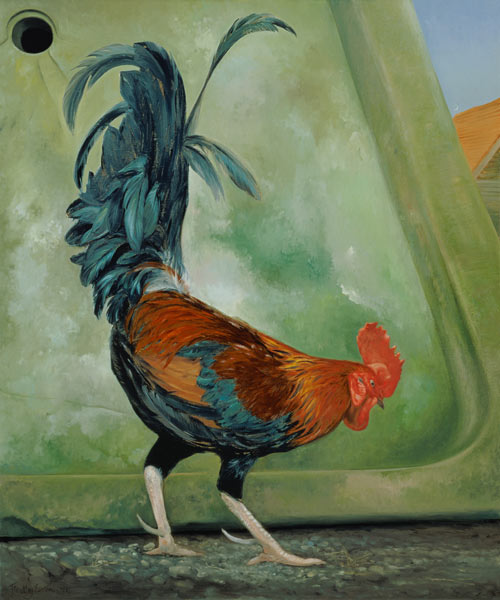Popinjay, detail showing cockerel, 1987 (oil on canvas)  from Timothy  Easton