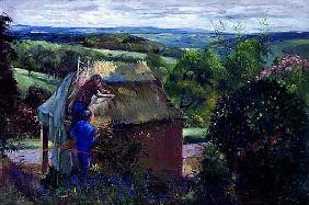 Thatching the Summer House, Lanhydrock House, Cornwall, 1993 (oil on canvas) 