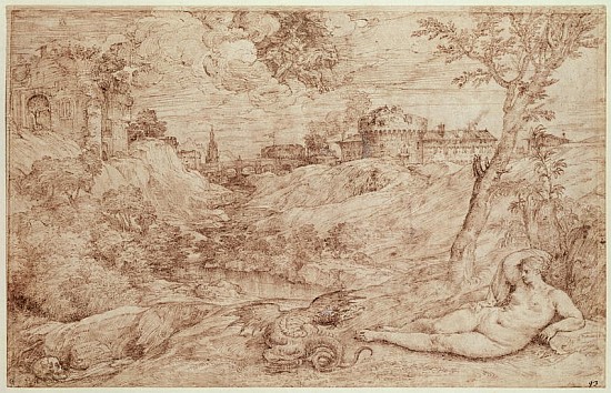 Landscape with a Dragon and a Nude Woman Sleeping (pen & ink and wash on paper) from Tizian (aka Tiziano Vercellio)