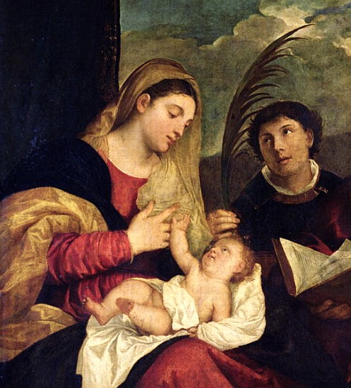 Madonna and Child with SS. Stephen, Jerome and Maurice (detail of 108505) from Tizian (aka Tiziano Vercellio)