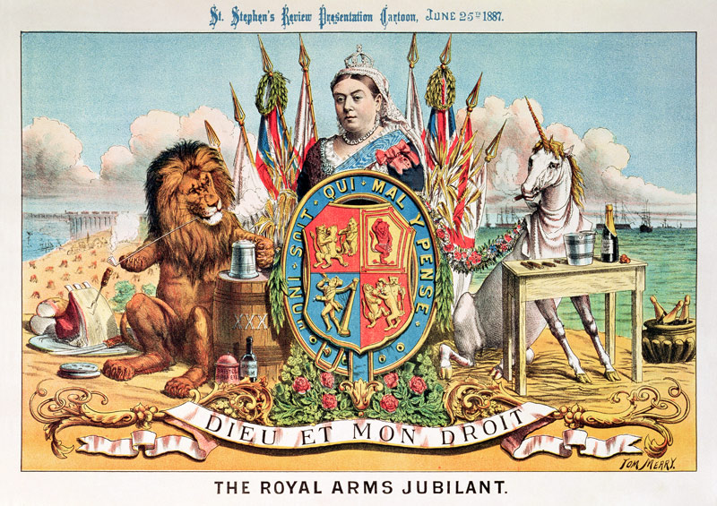 The Royal Arms Jubilant, from 'St. Stephen's Review Presentation Cartoon', 25 June 1887 (colour lith from Tom Merry