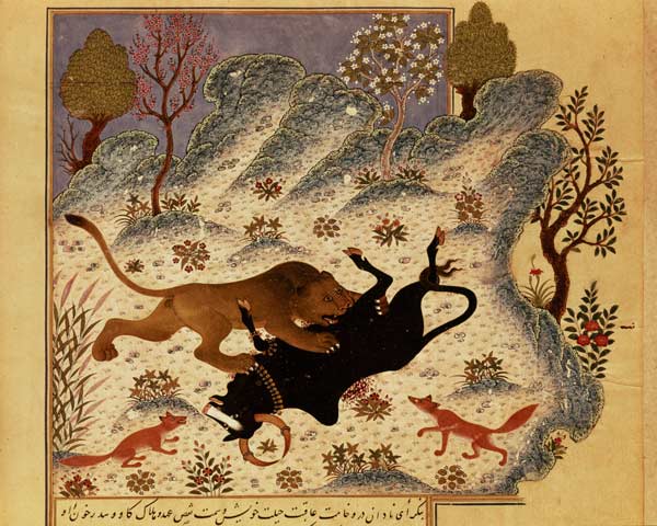 A Lion Attacking and Killing a Bull, from Rabila wa Dinma' from Turkish School