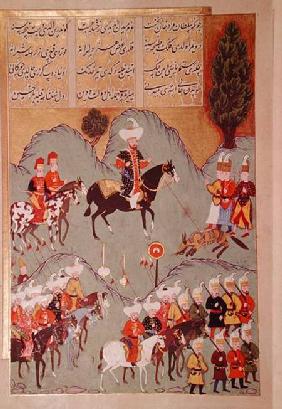 Sultan Murad I (c.1326-1389) hunting a wolf, from 'Hunernama' (Mss Hazine. 1524 f.83v)