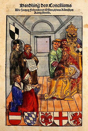 Frederick IV, Duke of Austria, declaring his fealty to the Emperor at the Council of Constance, from from Ulrich von Richental