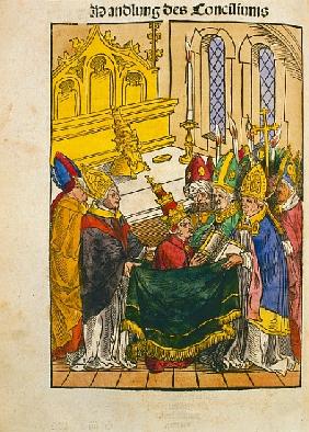 Martin V is installed as Pope at the Council of Constance, from ''Chronik des Konzils von Konstanz''