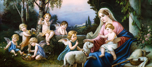 Mary with the Child, Sheep and Puttoi in an idealized Landscape from (around 1900) Anonym