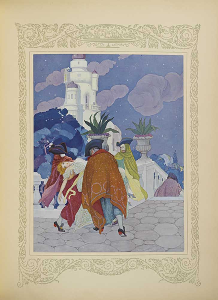 Four masked men carried her to the top of the tower, illustration from Contes du Temps Jadis, or Tal from Umberto Brunelleschi