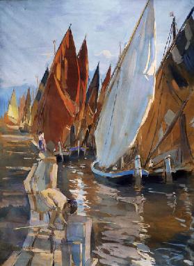 Adriatic sailboats, by Umberto Coromaldi (1870-1948). Italy, 20th century.