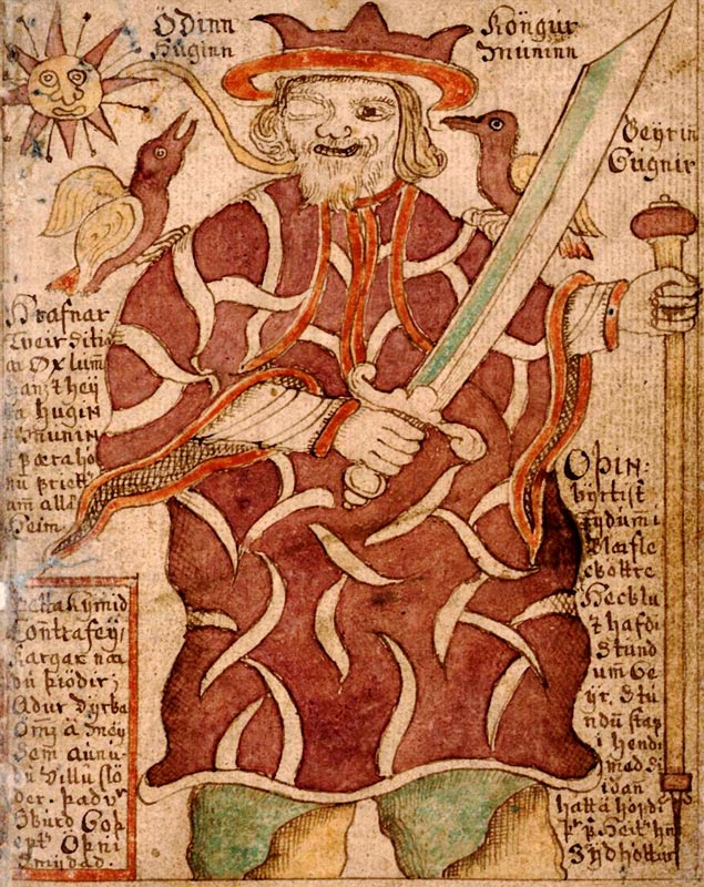 Odin with his ravens Hugin and Munin and his weapons (from the Icelandic Manuscript SÁM 66) from Unbekannter Künstler