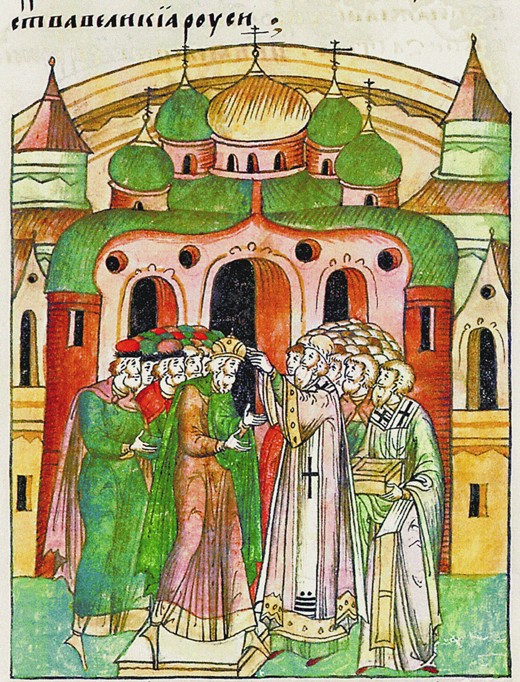 Vladimir Vsevolodovich crowned by Bishop Neophytos with Monomakh's Cap. (From the Illuminated Compil from Unbekannter Künstler