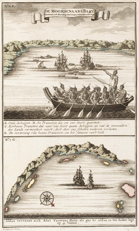 View of the bay with Maori on the coast of New Zealand. The voyage of Abel Tasman in 1642 from Unbekannter Künstler