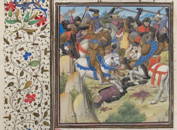Fight between Christians and Saracens under Saladin. Miniature from the "Historia" by William of Tyr from Unbekannter Künstler
