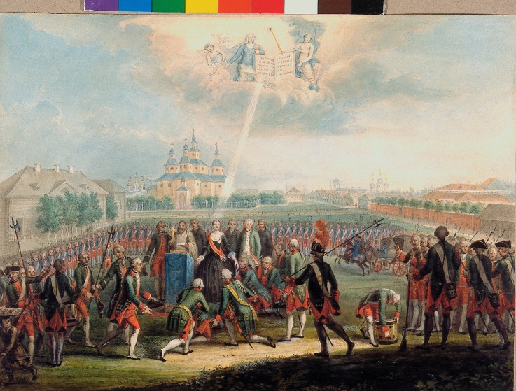 Catherine II Greeted by the Izmaylovsky Lifeguard regiment on the Day of the Palace Revolution on Ju from Unbekannter Künstler