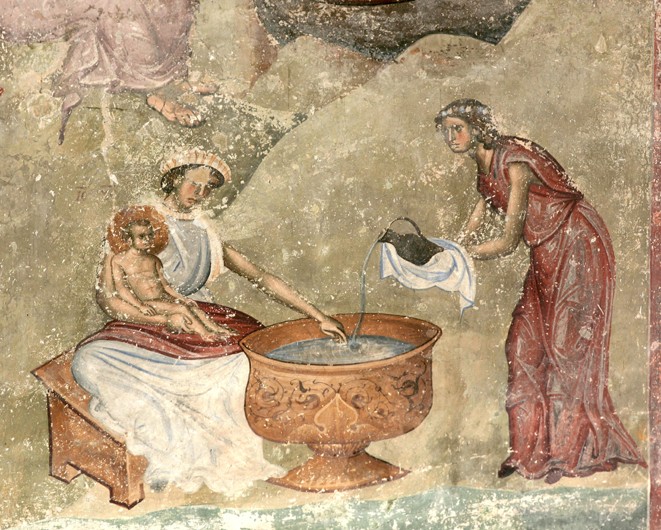 The washing of the child in the nativity scene from Unbekannter Künstler