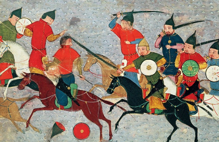 Ghenghis Khan in combat. Miniature from Jami' al-tawarikh (Universal History) from Unbekannter Künstler