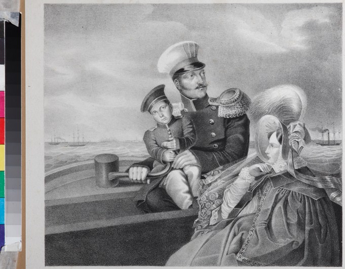 Emperor Nicholas I and Empress Alexandra Fyodorovna with son Konstantin Nikolaevich on a boat trip from Unbekannter Künstler