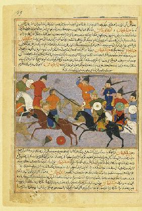 Battle between the Mongol and Jin Jurchen armies in north China in 1211. Miniature from Jami' al-taw