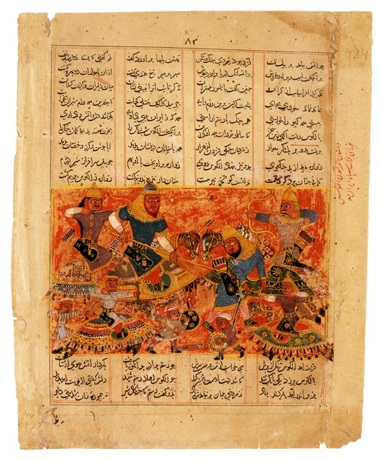 Rustam Kills the Turanian Hero Alkus with his Lance (Manuscript illumination from the epic Shahname  from Unbekannter Künstler