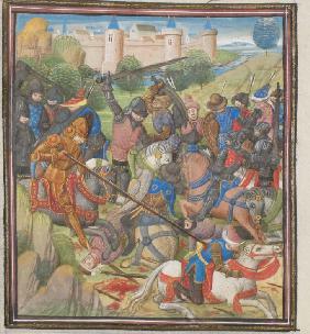 Battle between Crusaders under Baldwin II of Jerusalem and the Saracens. Miniature from the "Histori