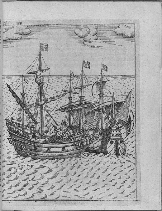 Battle between Francis Drake's ship Golden Hind and the Spanish ship Cacafuego. (From Levinus Hulsiu from Unbekannter Künstler
