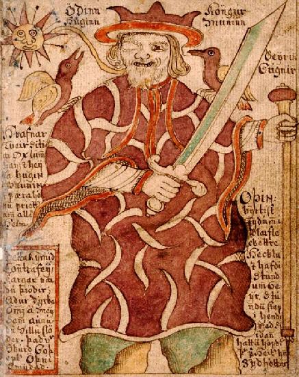 Odin with his ravens Hugin and Munin and his weapons (from the Icelandic Manuscript SÁM 66)