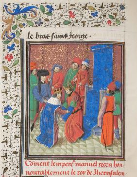 Emperor Manuel I Komnenos meets with king Amalric I of Jerusalem. Miniature from the "Historia" by W
